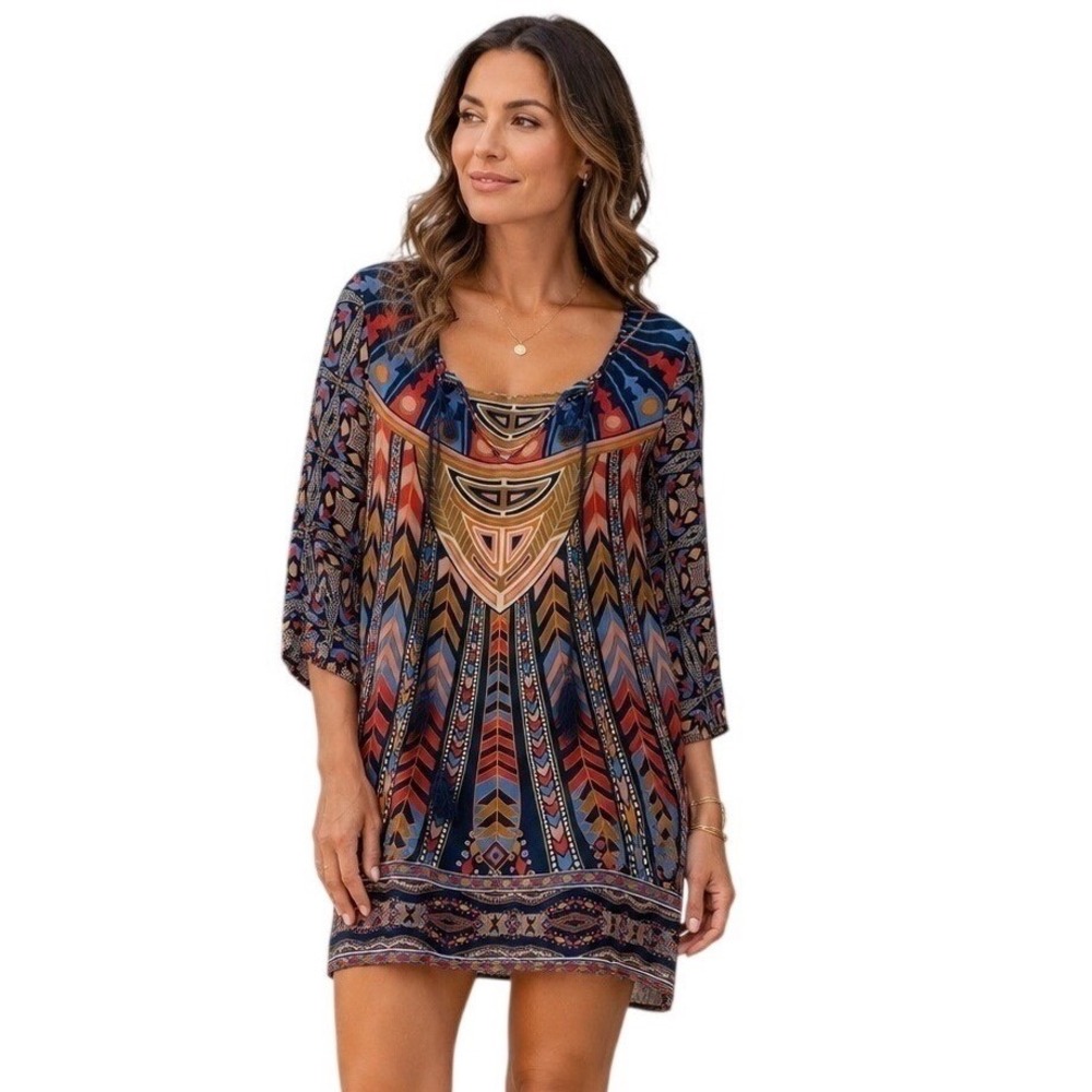 Tolani 100% Silk Geometric Print Tassel Tie Tunic Dress Small